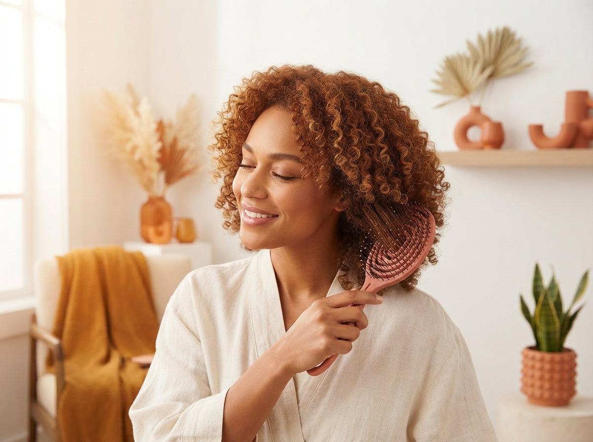 A woman smiling while using a detangling massage brush on her curly hair in a bright, modern setting.