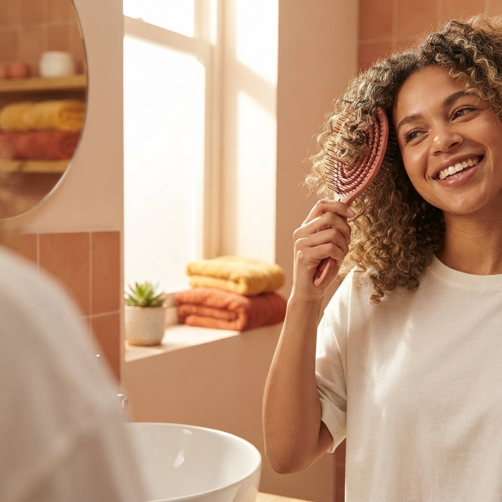 A person with curly hair smiling while using a detangling scalp massage brush in a bright bathroom setting.