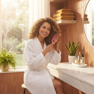 A woman smiling while gently brushing her curly hair with a detangling scalp massage hairbrush in a bright, modern bathroom.